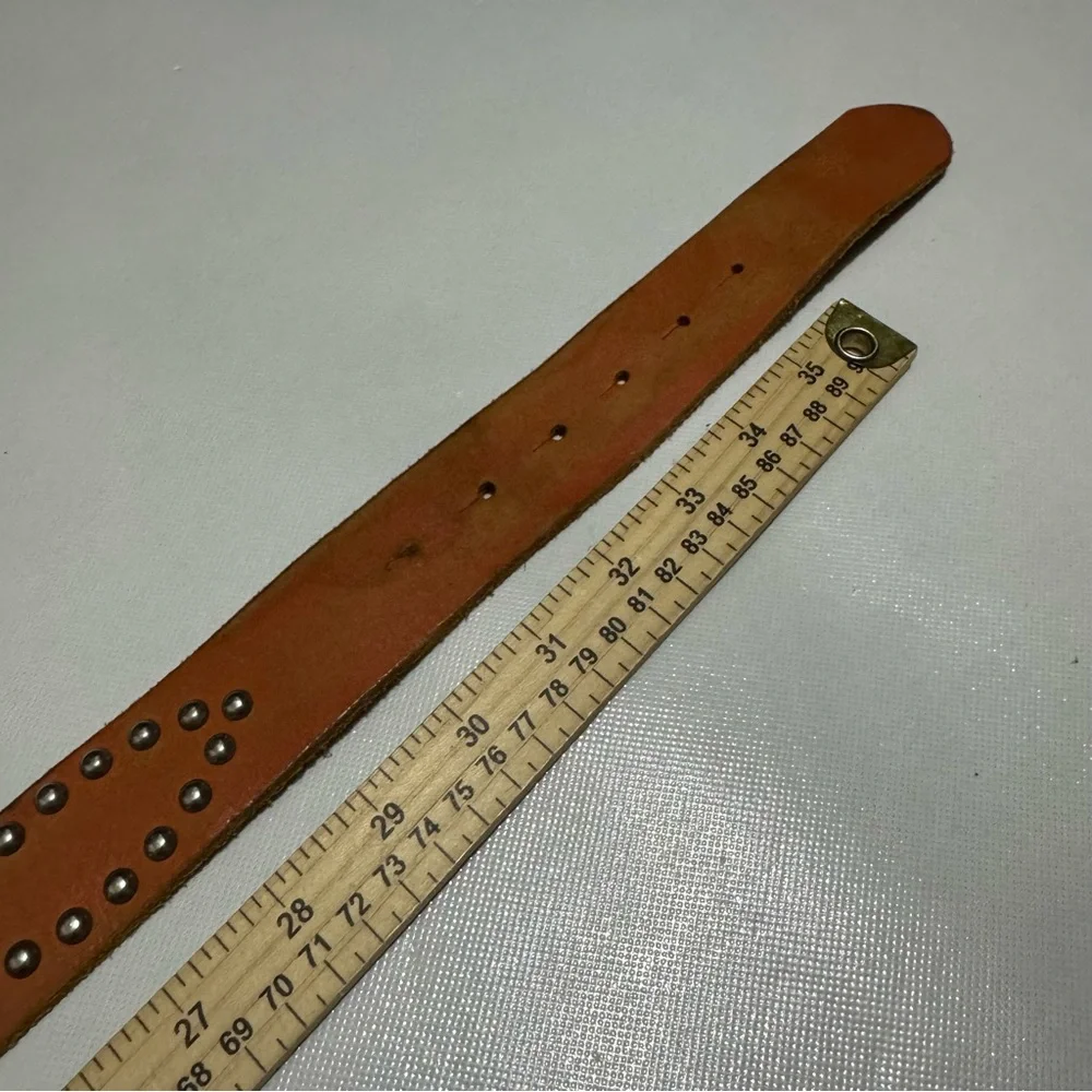 Vintage Texas Belt Buckle Genuine Leather Orange Studded Western Belt Mens Small